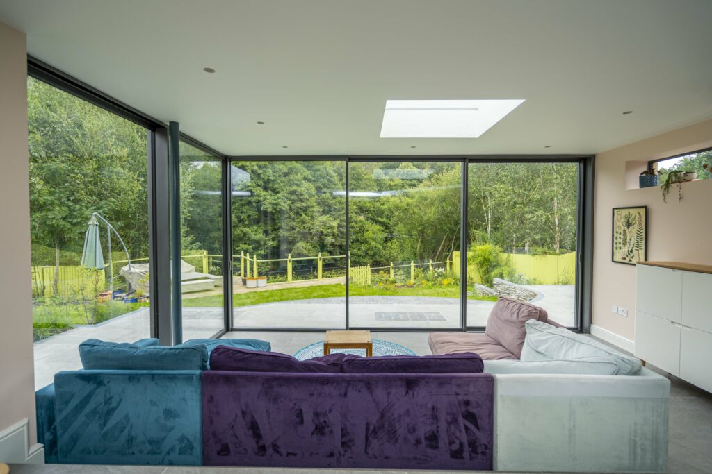 Frameless Sliding Patio Doors for Cedar Cladded Single Storey Rear Extension, Thatcham